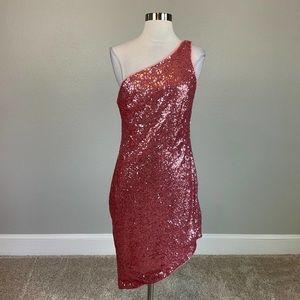 AQUA Women's Cocktail Dress Size XL Pink Sequined One Shoulder Mini Sheath